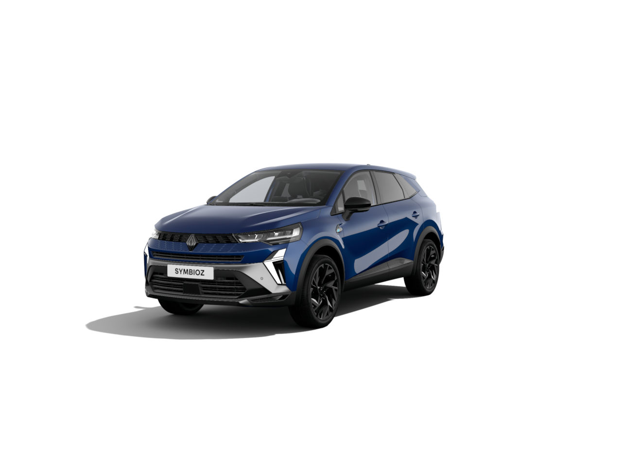 Blauer Renault Symbioz SUV auf weißem Hintergrund, Fahreransicht, moderne Fahrzeugdesign.
