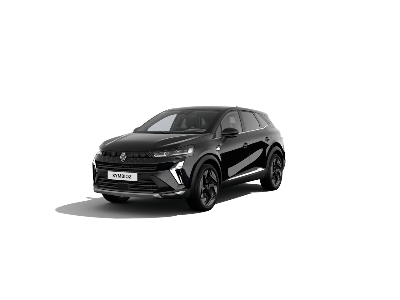 Schwarzer Renault Symbioz SUV mit modernem Design, steht auf einer weißen Fläche.
