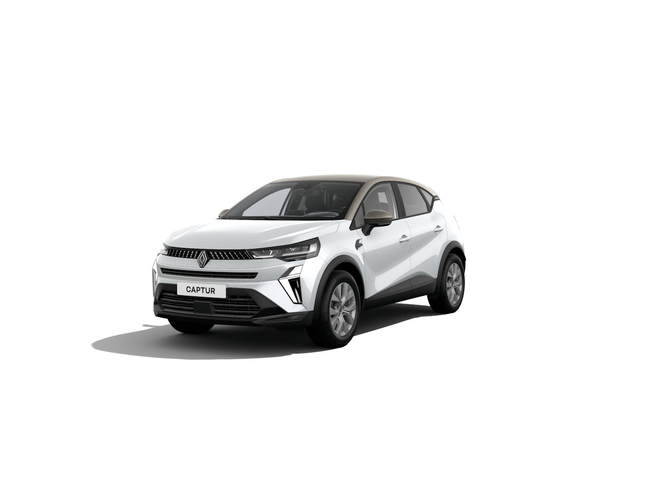 Weißer Renault Captur SUV auf einem weißen Hintergrund, futuristisches Design und moderne Linien.
