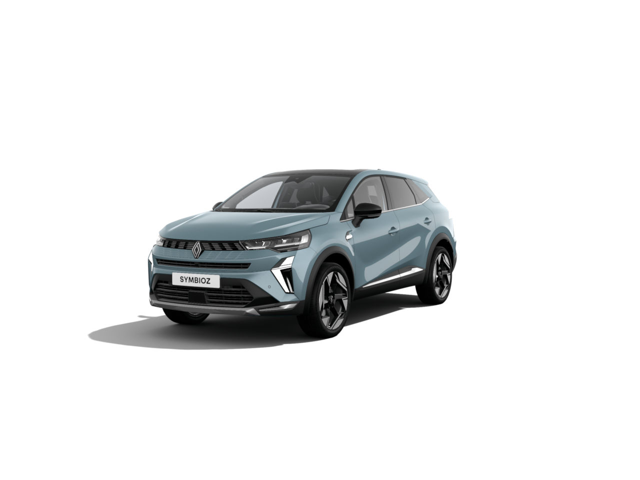 Ein blaues SUV von Renault, Modell Symbioz, steht frontal auf einem weißen Hintergrund.