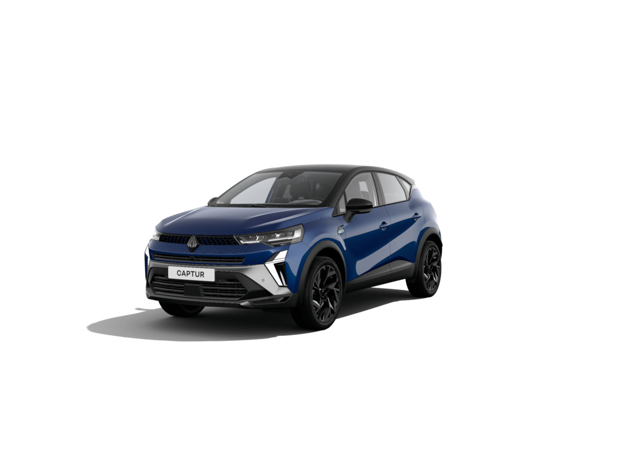 Renault Captur in Blau mit modernen Linien, frontalansicht, auf weißem Hintergrund.