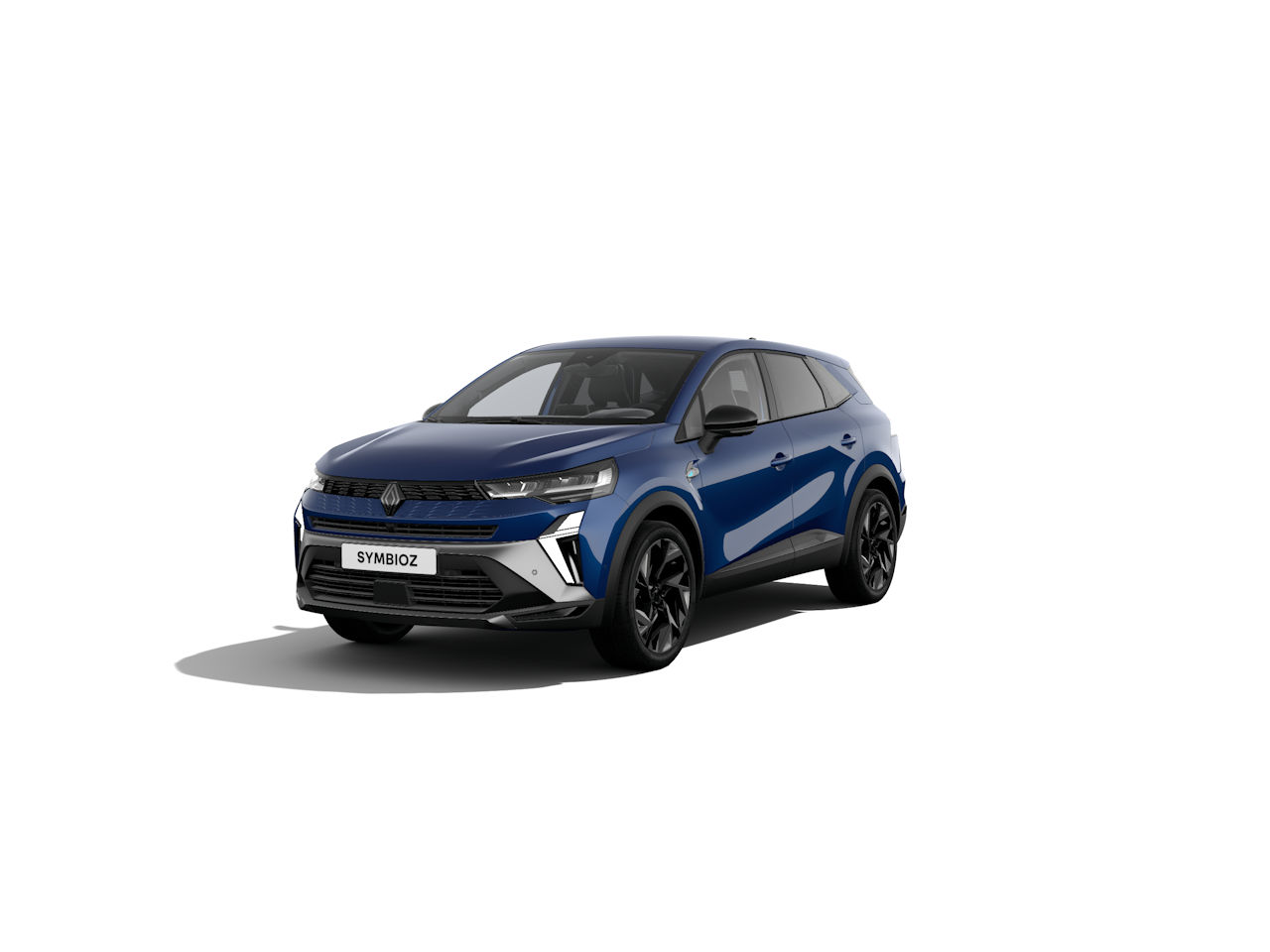 Ein blauer Renault Symbioz SUV mit sportlichem Design, frontal ansich mit modernen Linien.