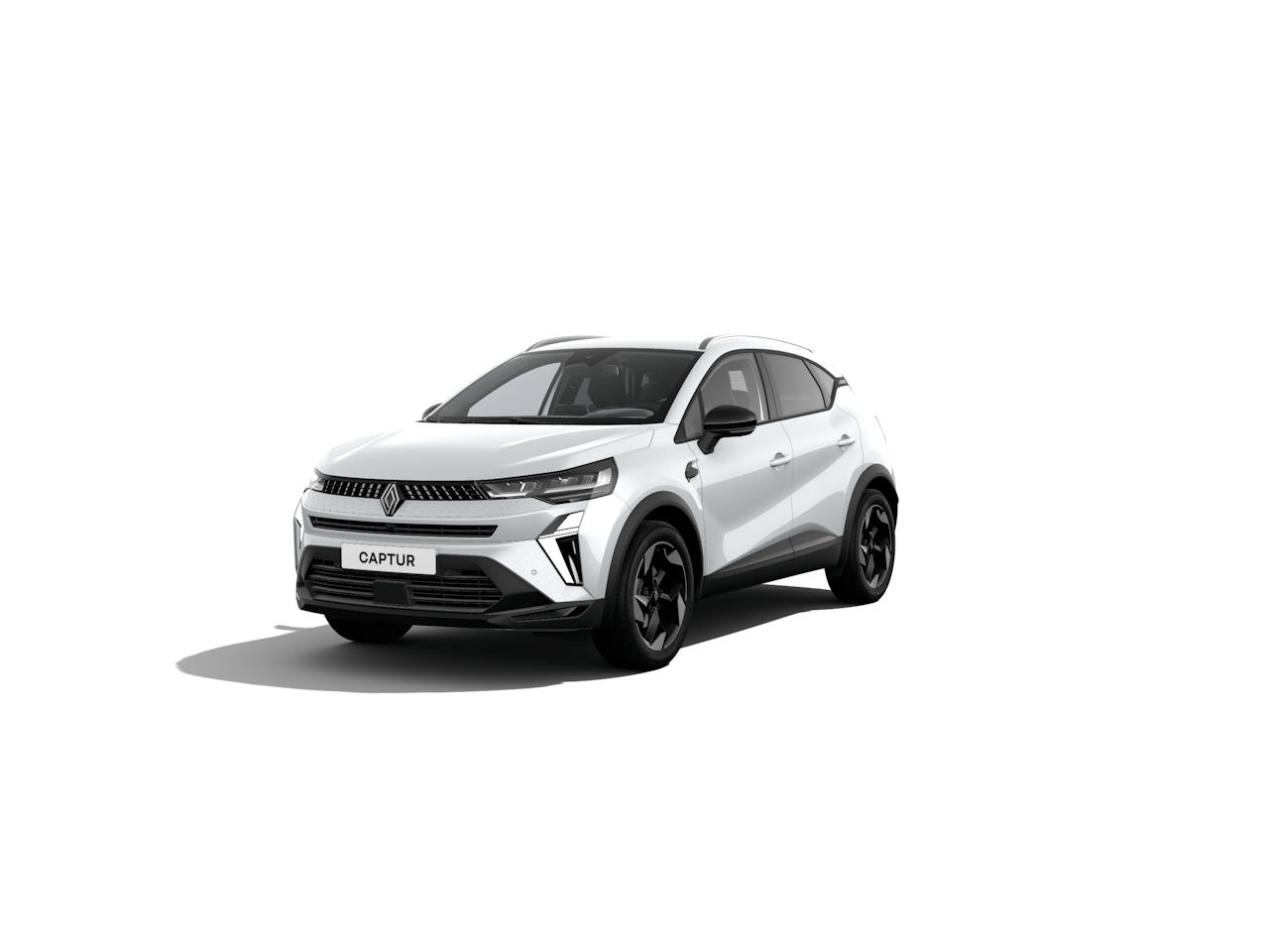 Renault Captur in Weiß, SUV-Design mit sportlicher Front und schwarzen Felgen, auf sauberem Hintergrund.