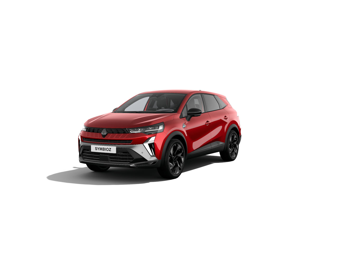Renault Symbioz SUV in leuchtendem Rot mit sportlichem Design, schwarzem Grill und Felgen, auf weißem Hintergrund.