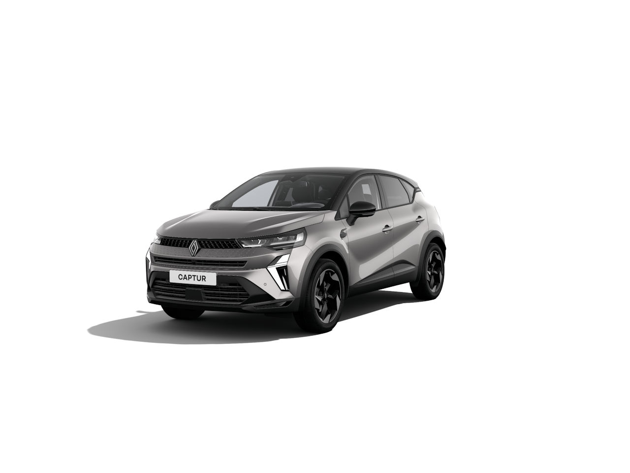 Renault Captur in silberner Lackierung, präsentiert von der Frontansicht auf weißem Hintergrund.