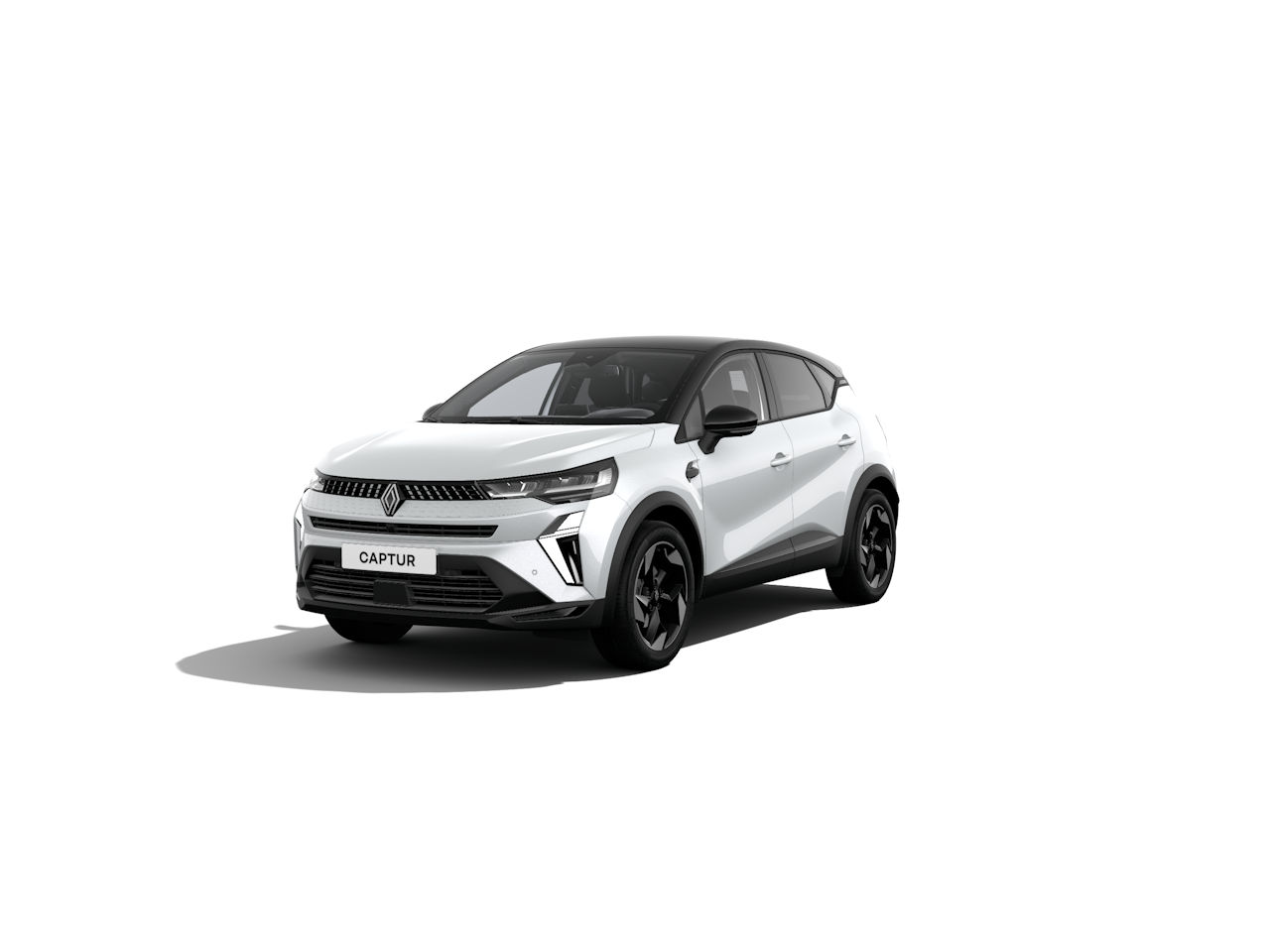 Renault Captur in Weiß mit schwarzem Dach, vorne links sichtbar, moderne SUV-Design-Elemente.