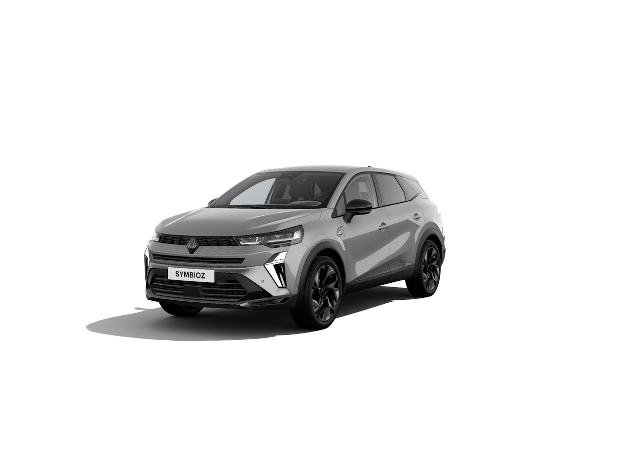 Renault Symbioz SUV in Grau mit sportlichem Design und schwarzen Felgen, auf weißem Hintergrund.