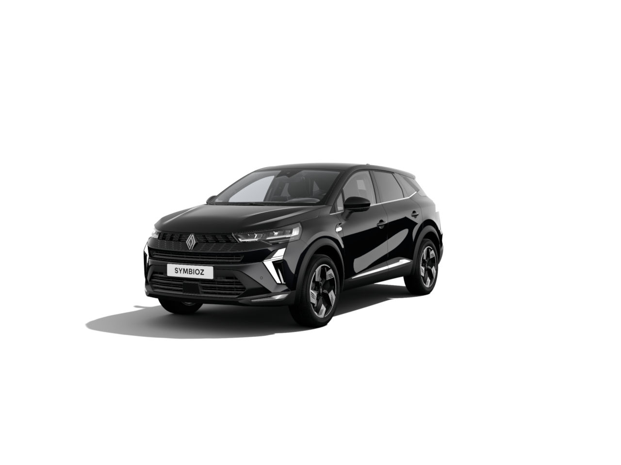 Schwarzer Renault Symbioz SUV auf weißem Hintergrund, stilvolles und modernes Design.