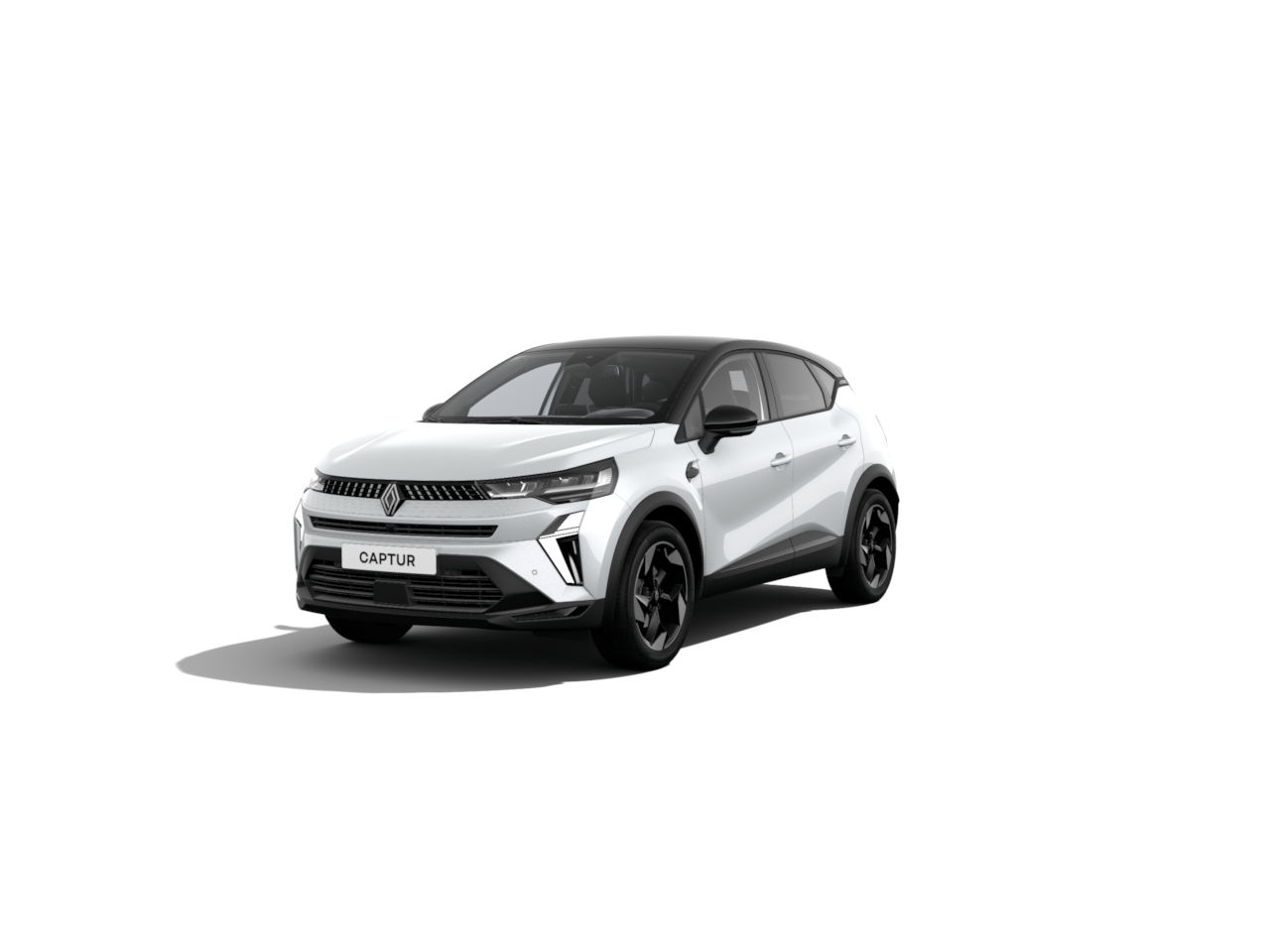 Weißer Renault Captur SUV mit schwarzem Dach, frontal abgebildet auf hellem Hintergrund.