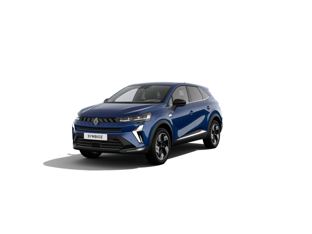 Ein blauer Renault SYMBIOZ SUV von der Frontansicht, auf einem weißen Hintergrund.