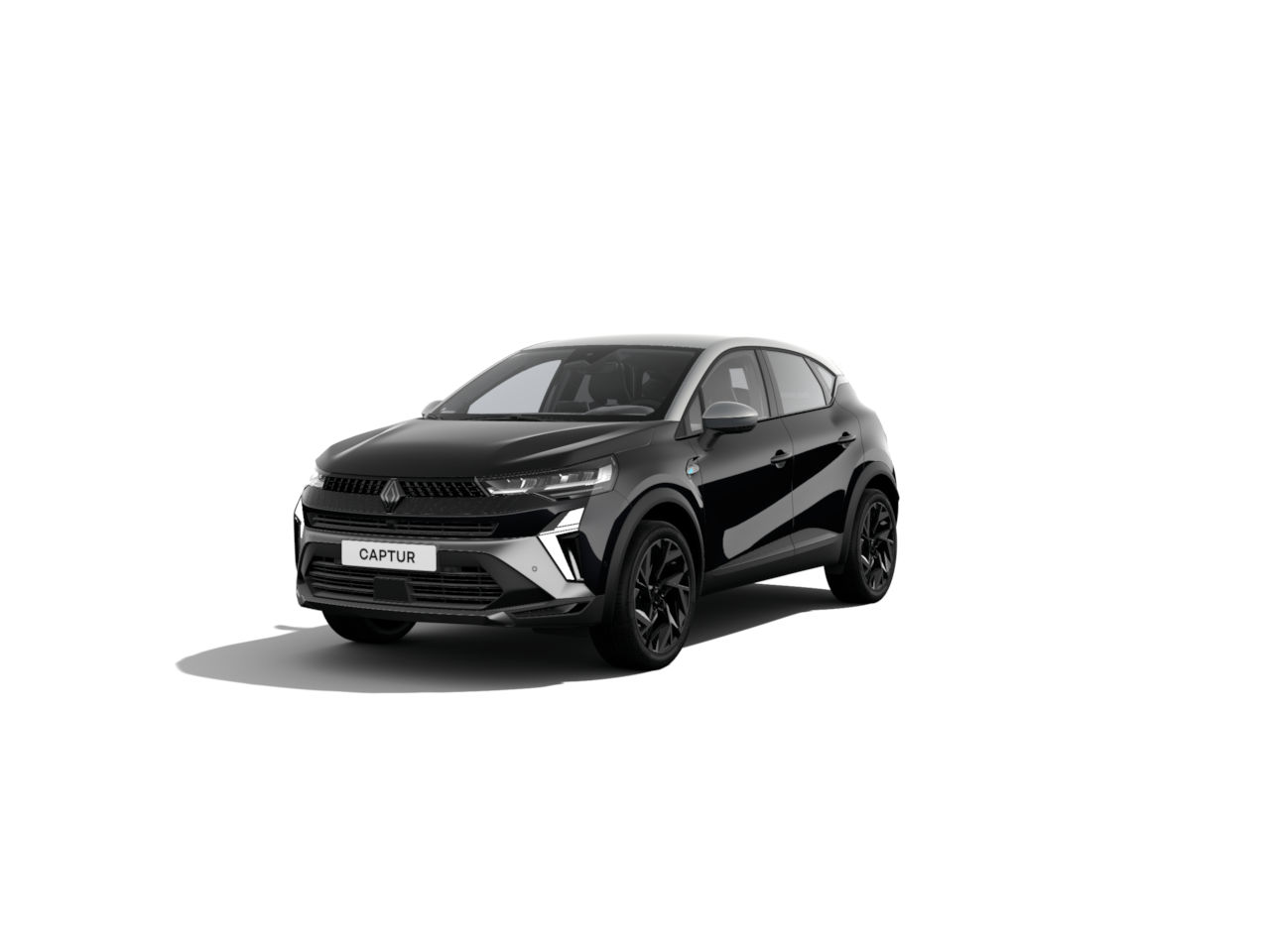 Schwarzer Renault Captur SUV, modernes Design, Vorderansicht auf weißem Hintergrund.