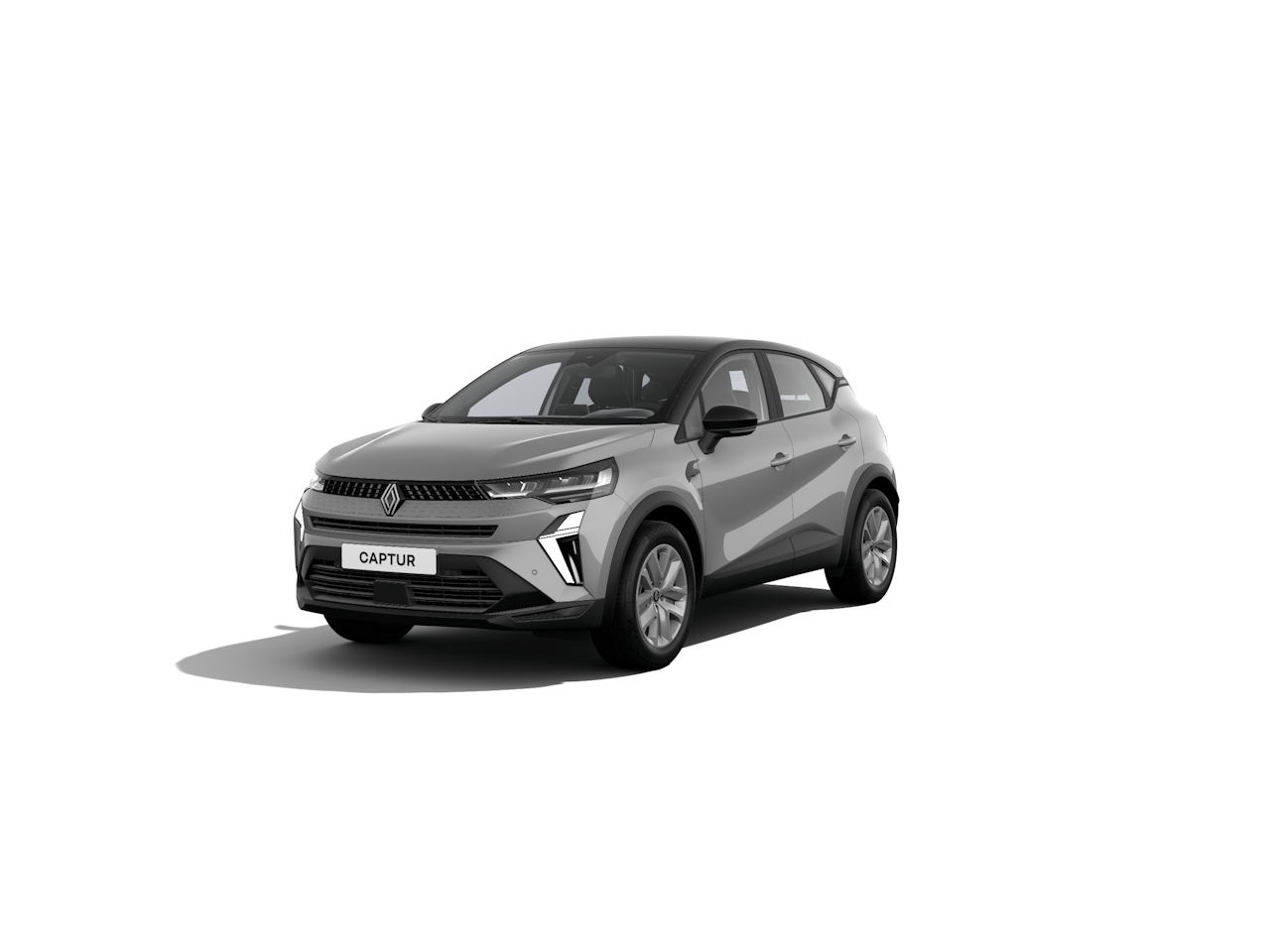 Renault Captur, ein moderner, grauer SUV, steht auf einem weißen Hintergrund.