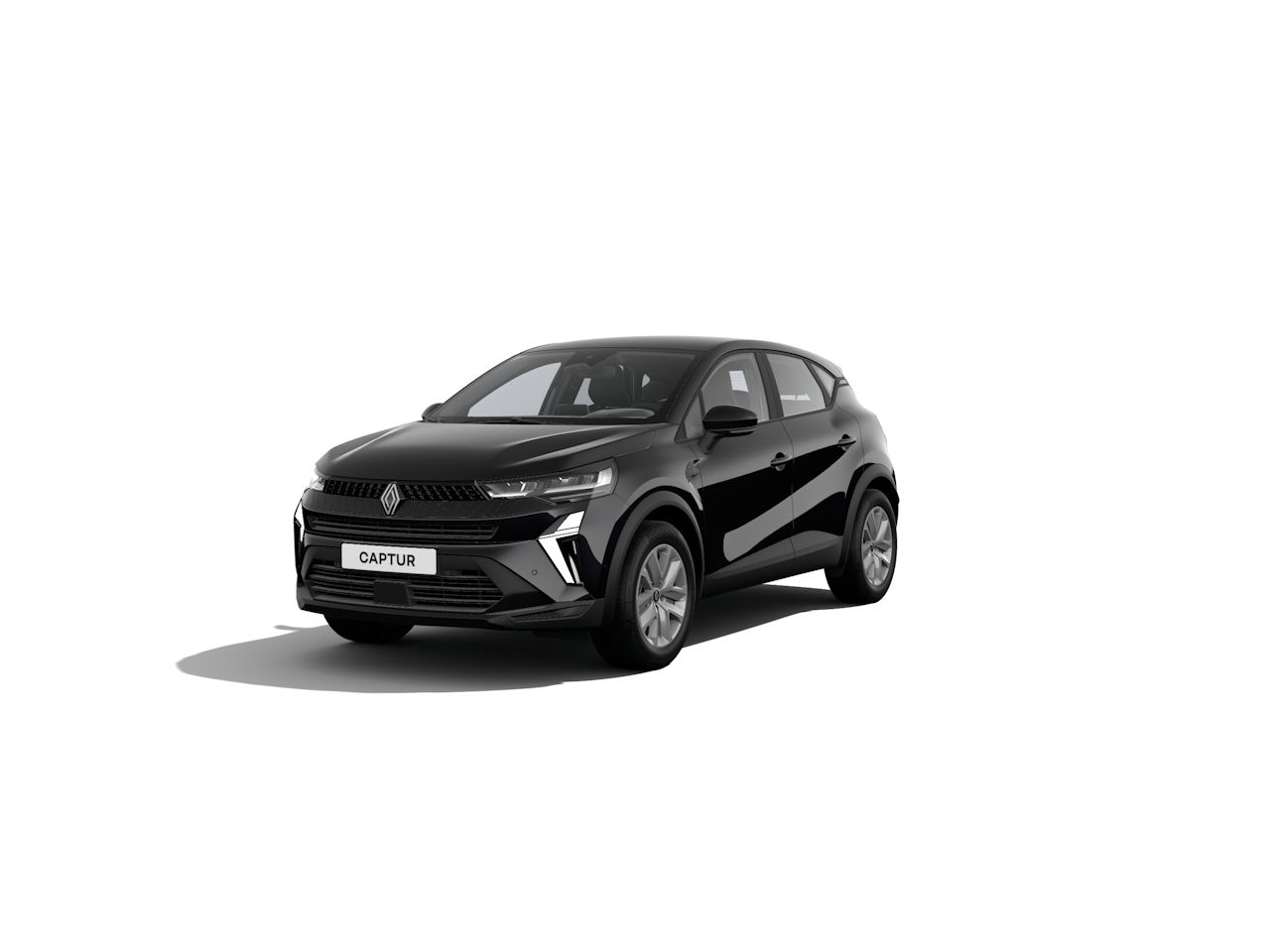 Schwarzer Renault Captur in der Frontansicht, auf weißem Hintergrund, modernes Design, kompakter SUV.