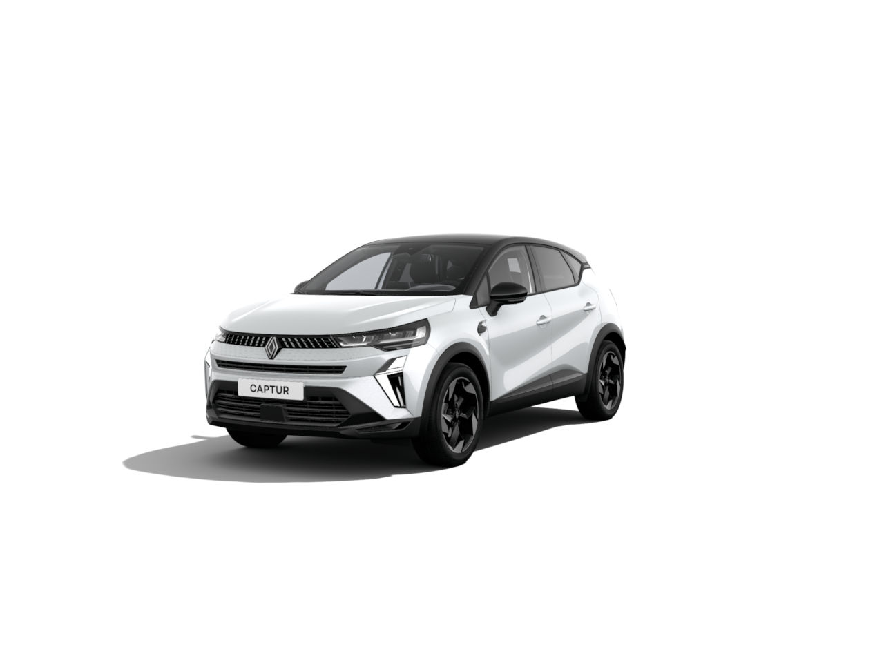 Weißer Renault Captur SUV mit schwarzem Dach, frontal sichtbar auf weißem Hintergrund.