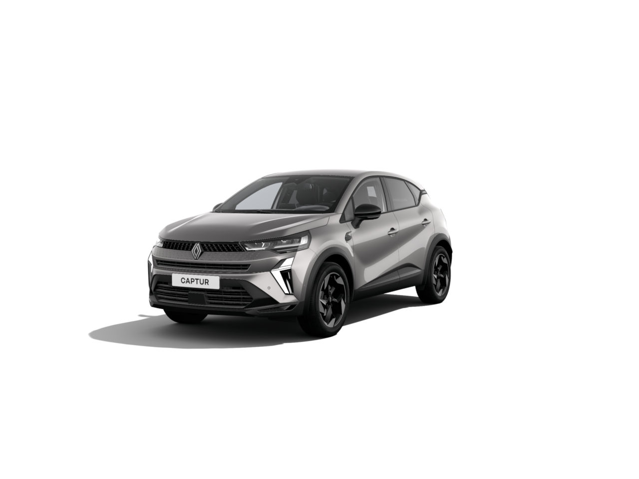 Renault Captur SUV in Grau mit sportlichem Design, frontalansicht, auf weißem Hintergrund.