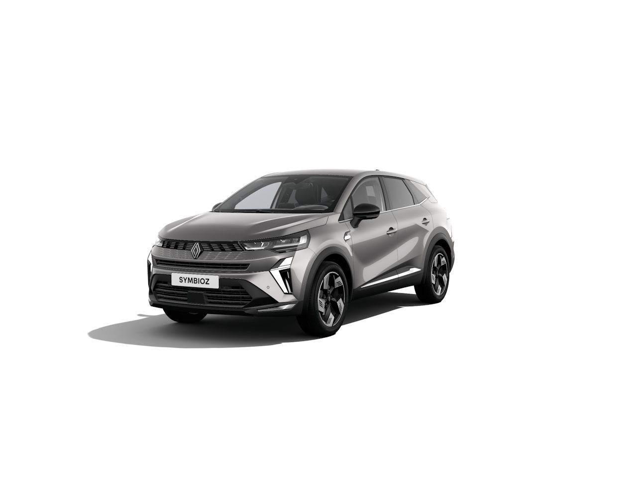 Renault SYMBIOZ SUV in silberner Farbe, frontal dargestellt auf weißem Hintergrund.