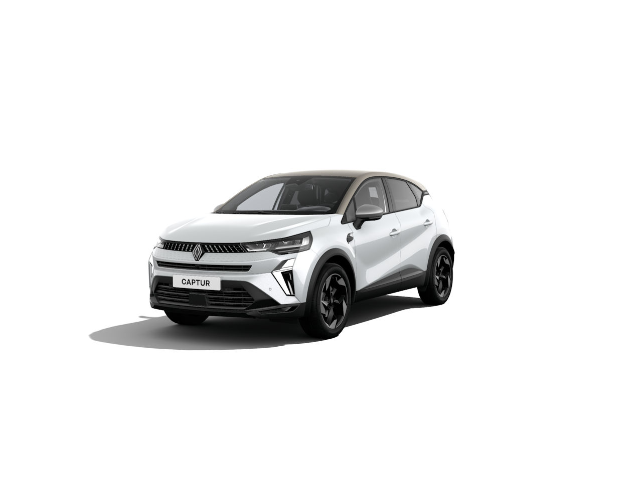 Renault Captur, ein moderner weißer SUV mit sportlichem Design und schwarzen Felgen, auf einem neutralen Hintergrund.