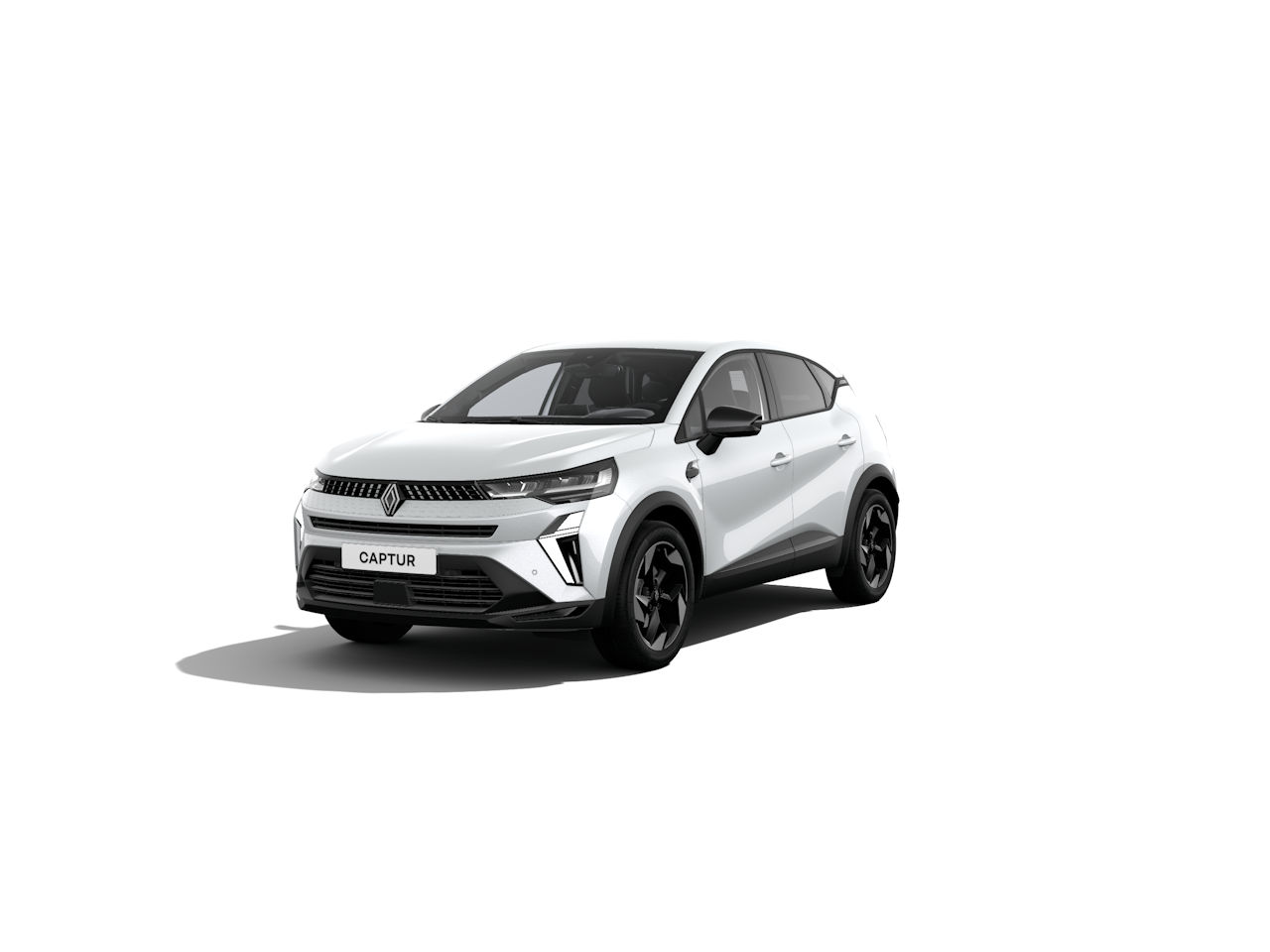 Renault Captur in Weiß, sportliches Design, präsentiert im Fokus mit schwarzem Zubehör.