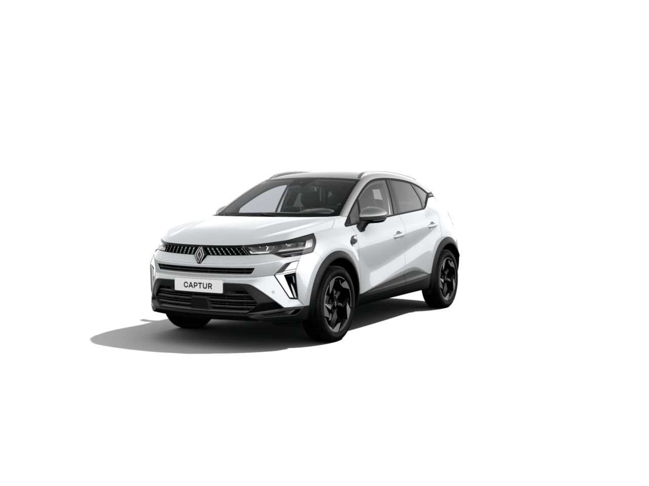 Renault Captur in Weiß mit sportlichem Design und schwarzem Dach, auf hellem Hintergrund.