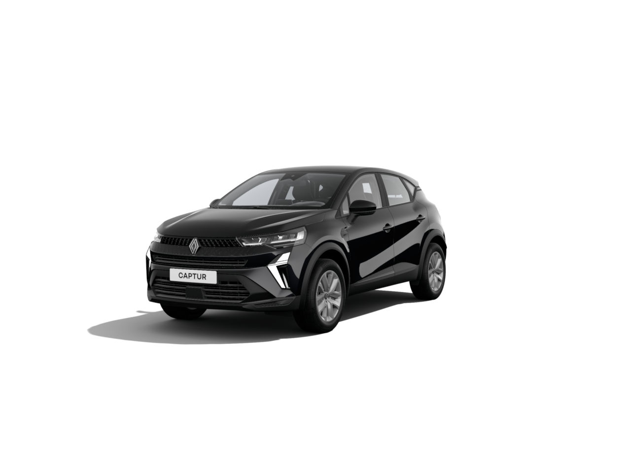 Ein schwarzer Renault Captur SUV vor weißem Hintergrund, präsentiert mit stilvollem Design und moderner Optik.