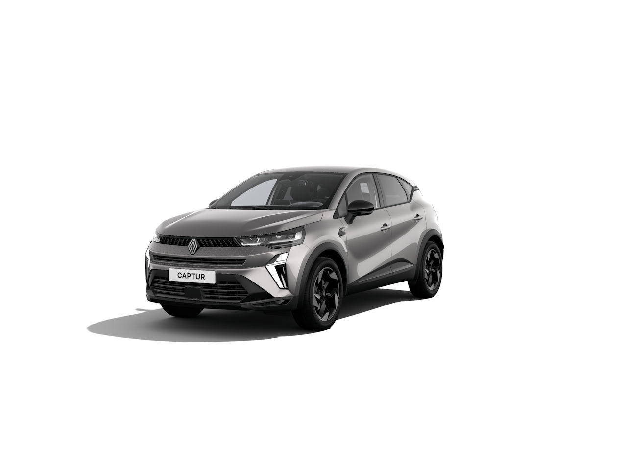 Renault Captur, ein modernes SUV in Grau mit sportlichem Design und schwarzen Akzenten.