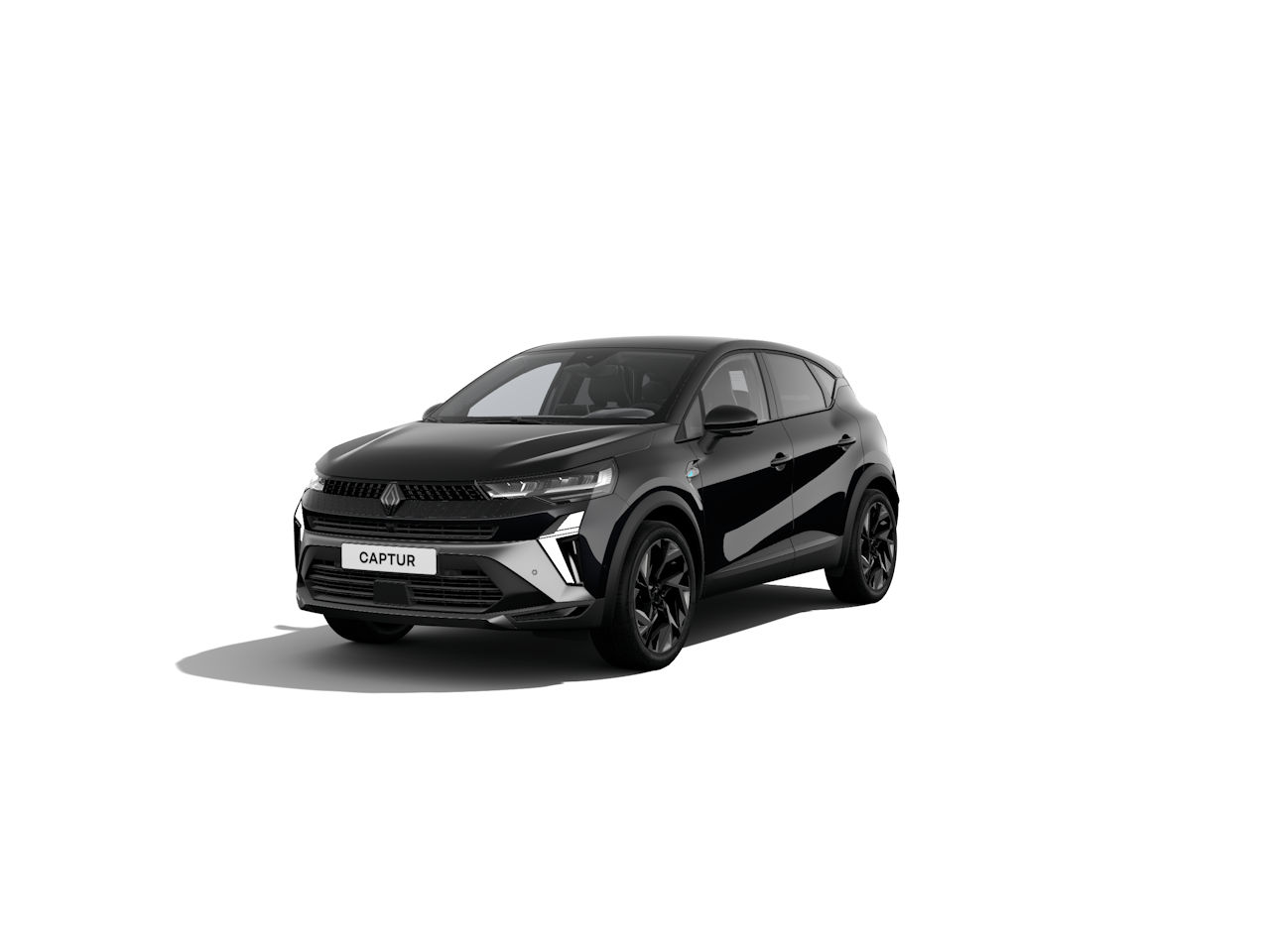 Schwarzer Renault Captur, sportliches SUV-Design, seitliche Perspektive, auf hellem Hintergrund.