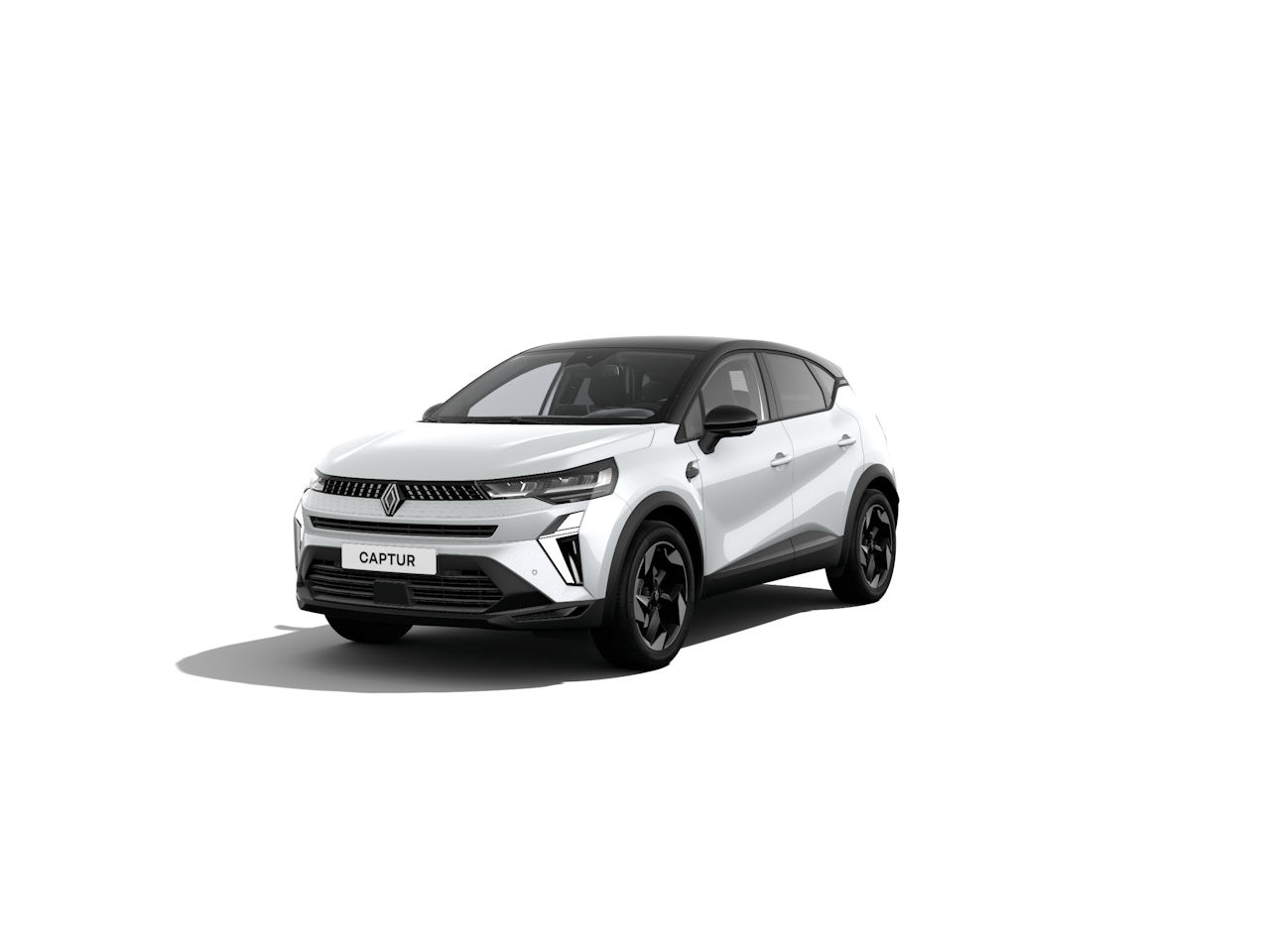 Ein weißer Renault Captur SUV mit schwarzem Dach, modernem Design, steht auf einer weißen Hintergrundfläche.