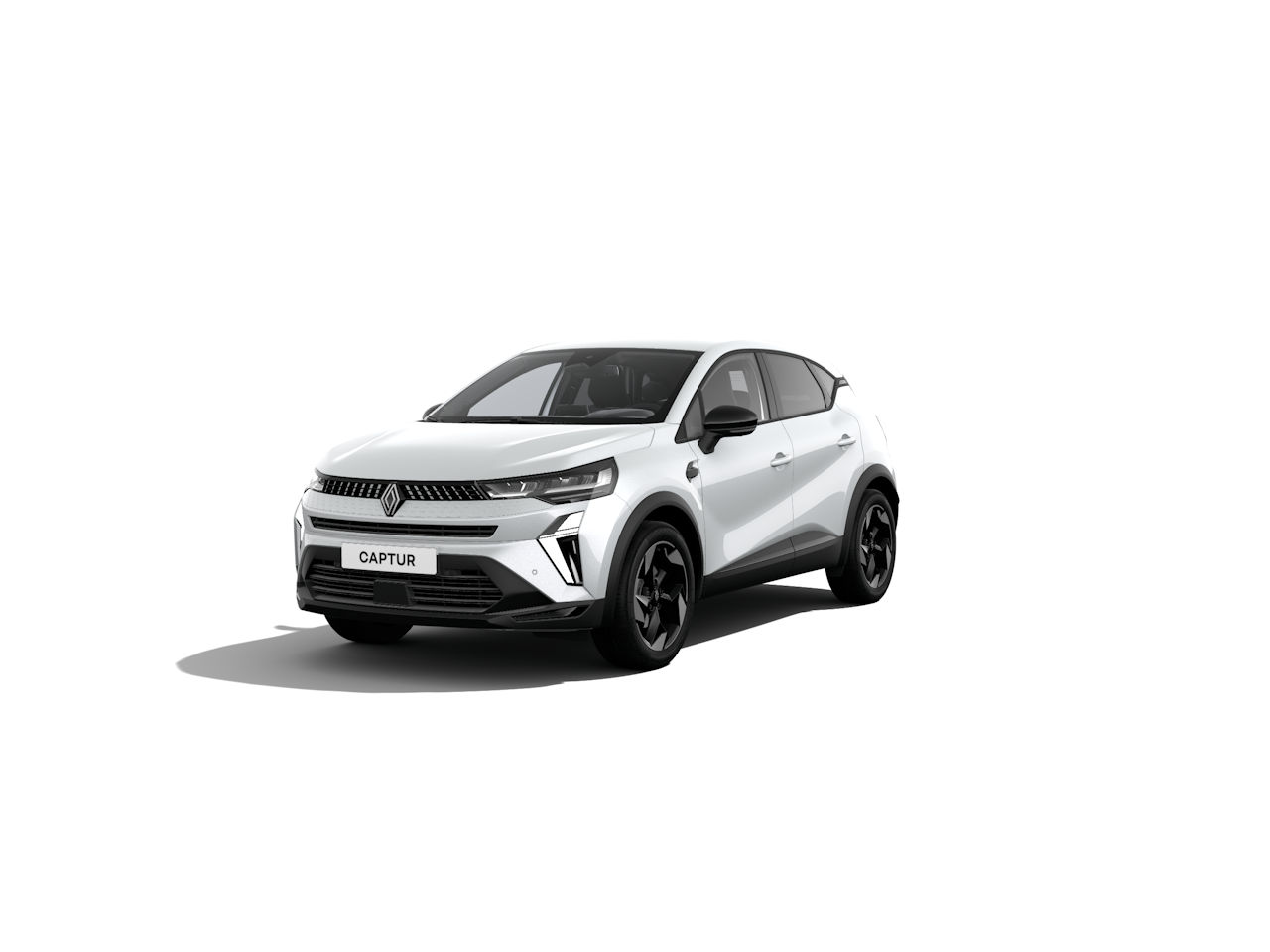 Weißer Renault Captur SUV im Frontansicht, elegant gestaltet mit sportlichen Details.