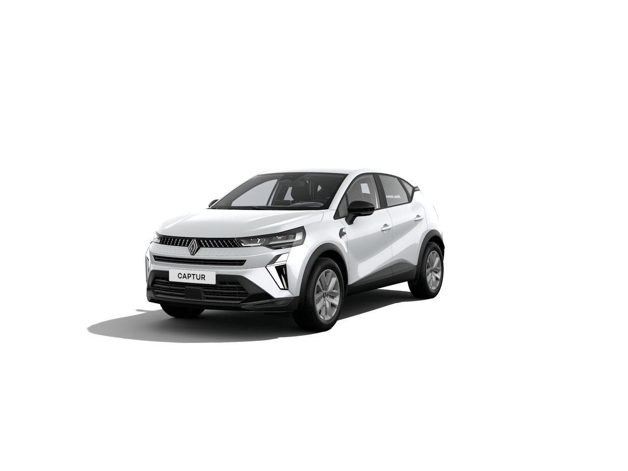 Weißer Renault Captur SUV mit modernem Design, frontal abgebildet, auf hellem Hintergrund.