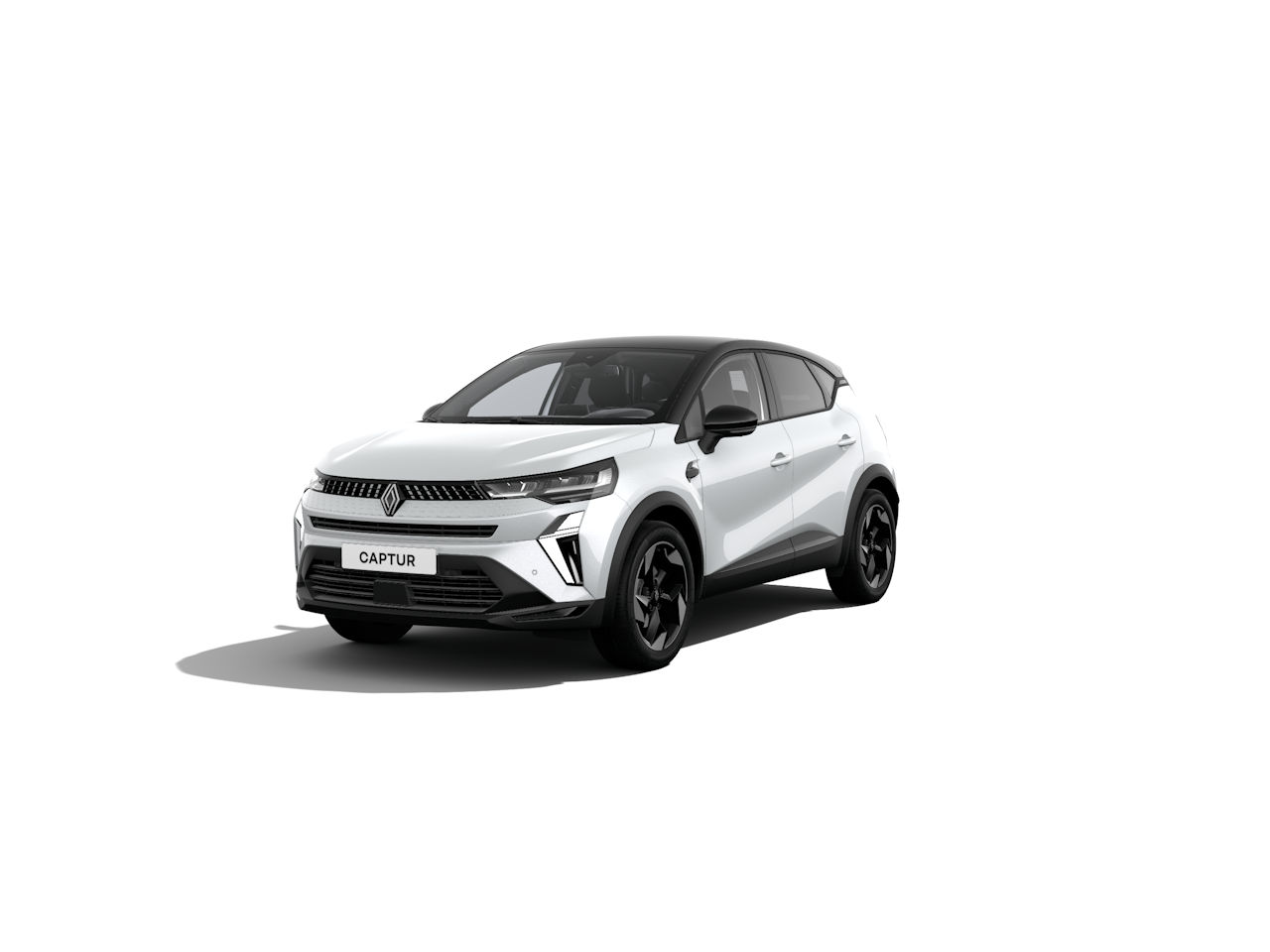 Weißer Renault Captur SUV mit sportlichem Design auf einem weißen Hintergrund.