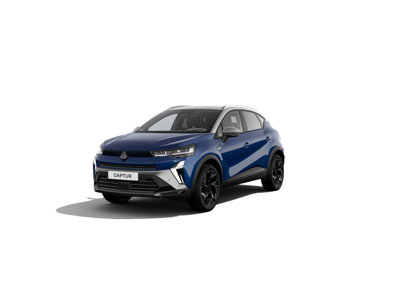 Renault Captur in Blau mit sportlichem Design und schwarzen Akzenten, präsentiert frontal auf weißem Hintergrund.