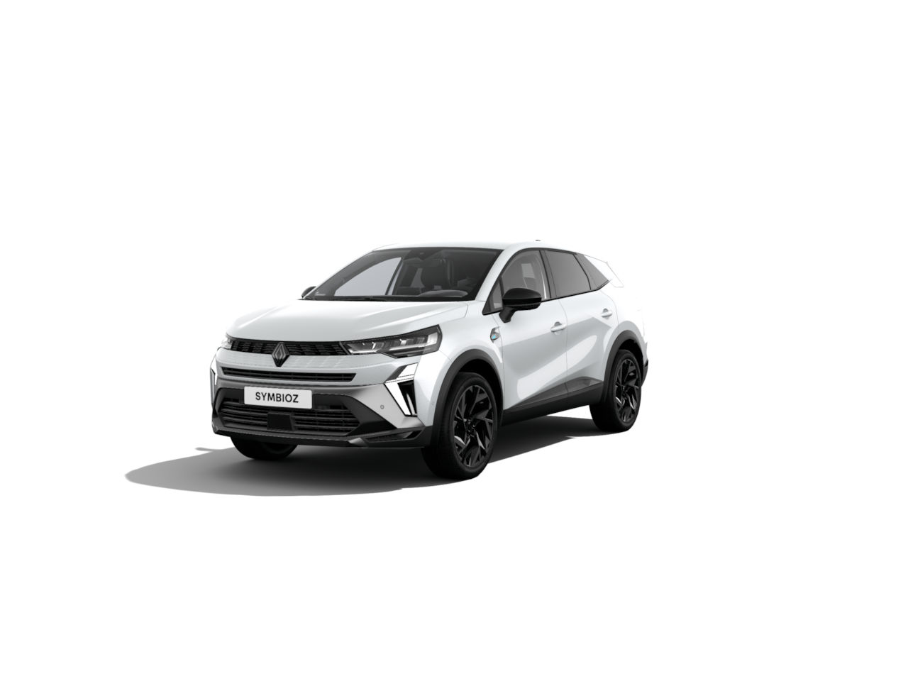 Ein weißer Renault Symbioz SUV mit sportlichem Design auf einem weißen Hintergrund.