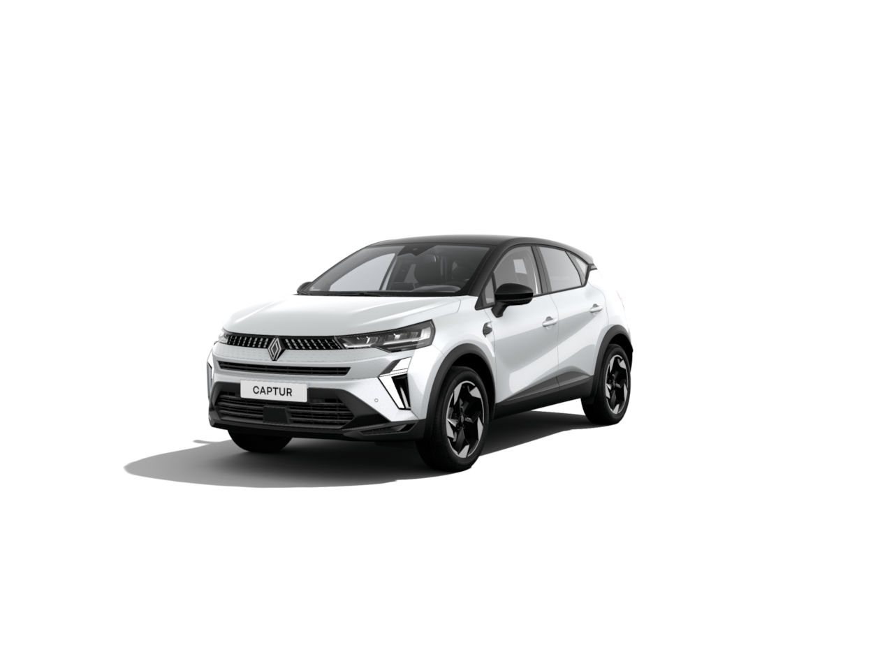 Weißer Renault Captur SUV mit sportlichem Design und schwarzem Dach, frontalansicht.