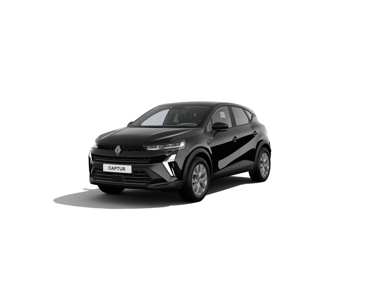 Schwarzer Renault Captur, ein moderner SUV, steht vor neutralem Hintergrund. Sicht auf Front und Seite.