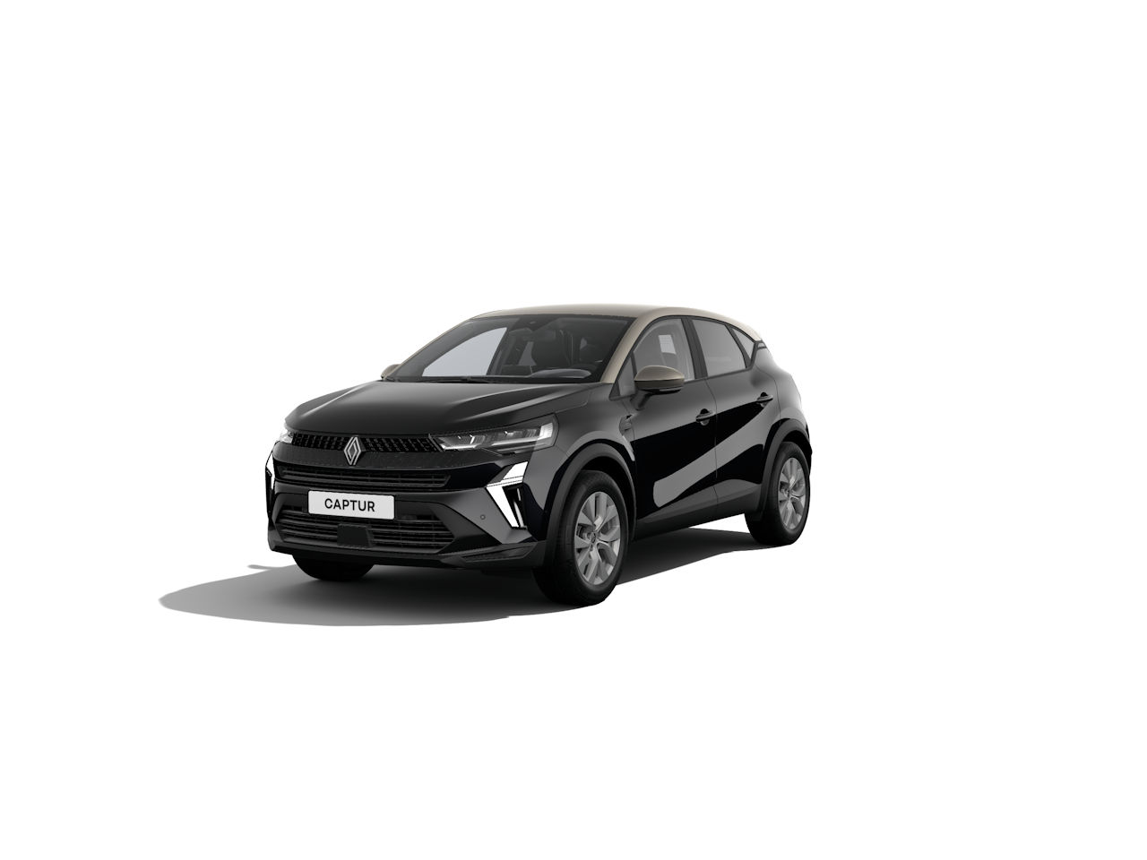 Schwarzer Renault Captur SUV auf weißem Hintergrund, präsentiert elegantes Design und moderne Linien.