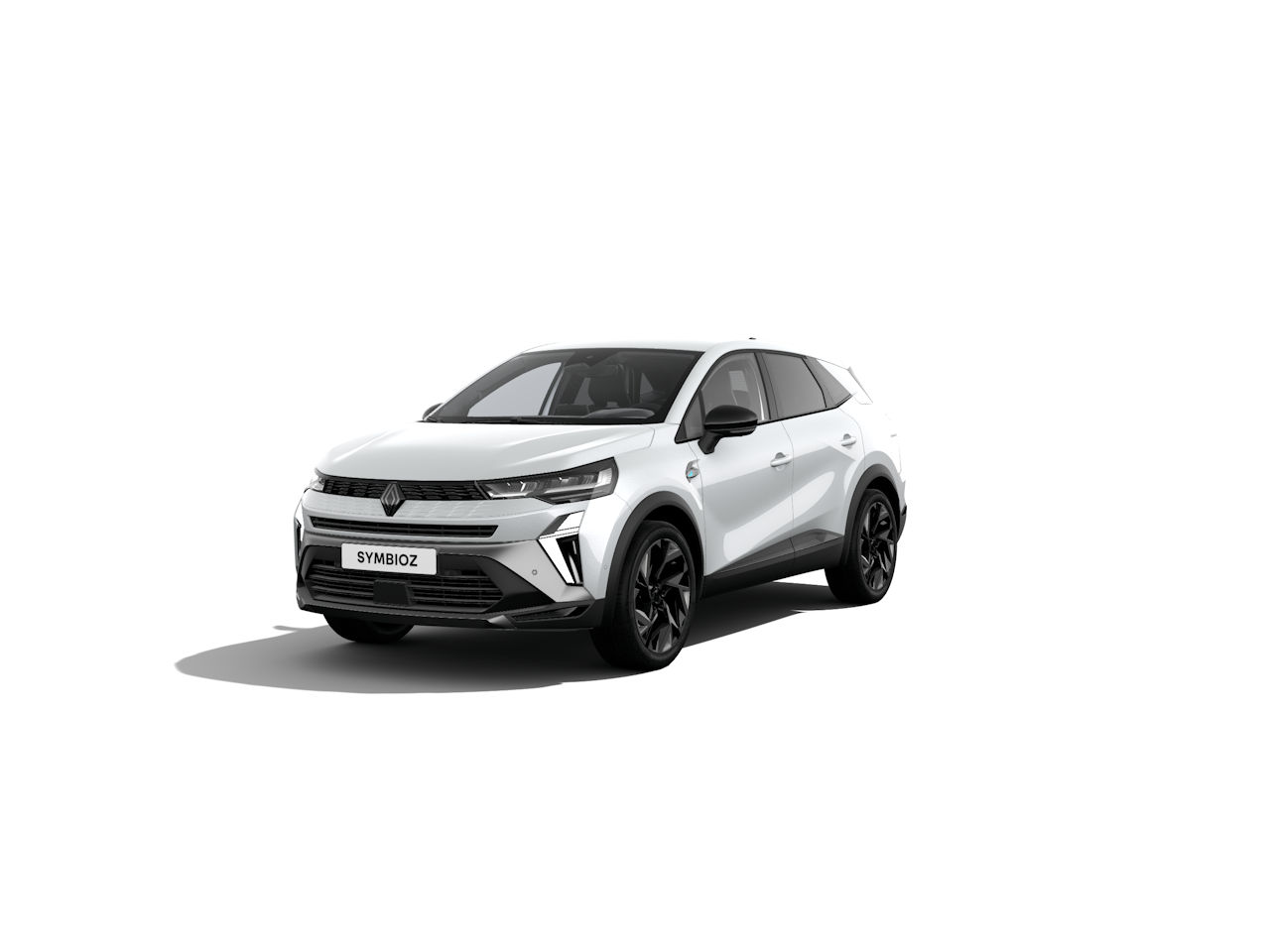 Ein weißer Renault Symbioz SUV mit schwarzem Felgen, auf einem weißen Hintergrund.