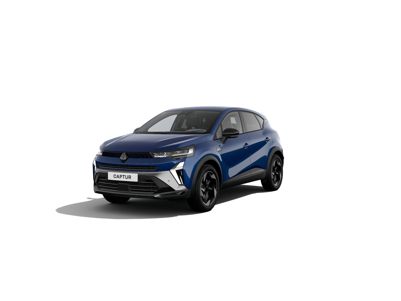 Renault Captur, ein blauer Kompakt-SUV, frontal abgebildet mit modernen Designelementen.