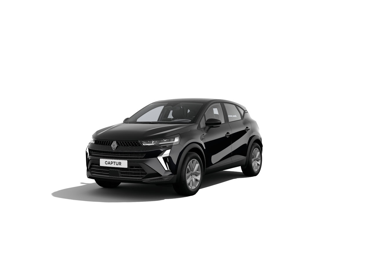 Schwarzer Renault Captur im Vordergrund auf weißem Hintergrund, moderne SUV-Designmerkmale, inklusive markanter Front.