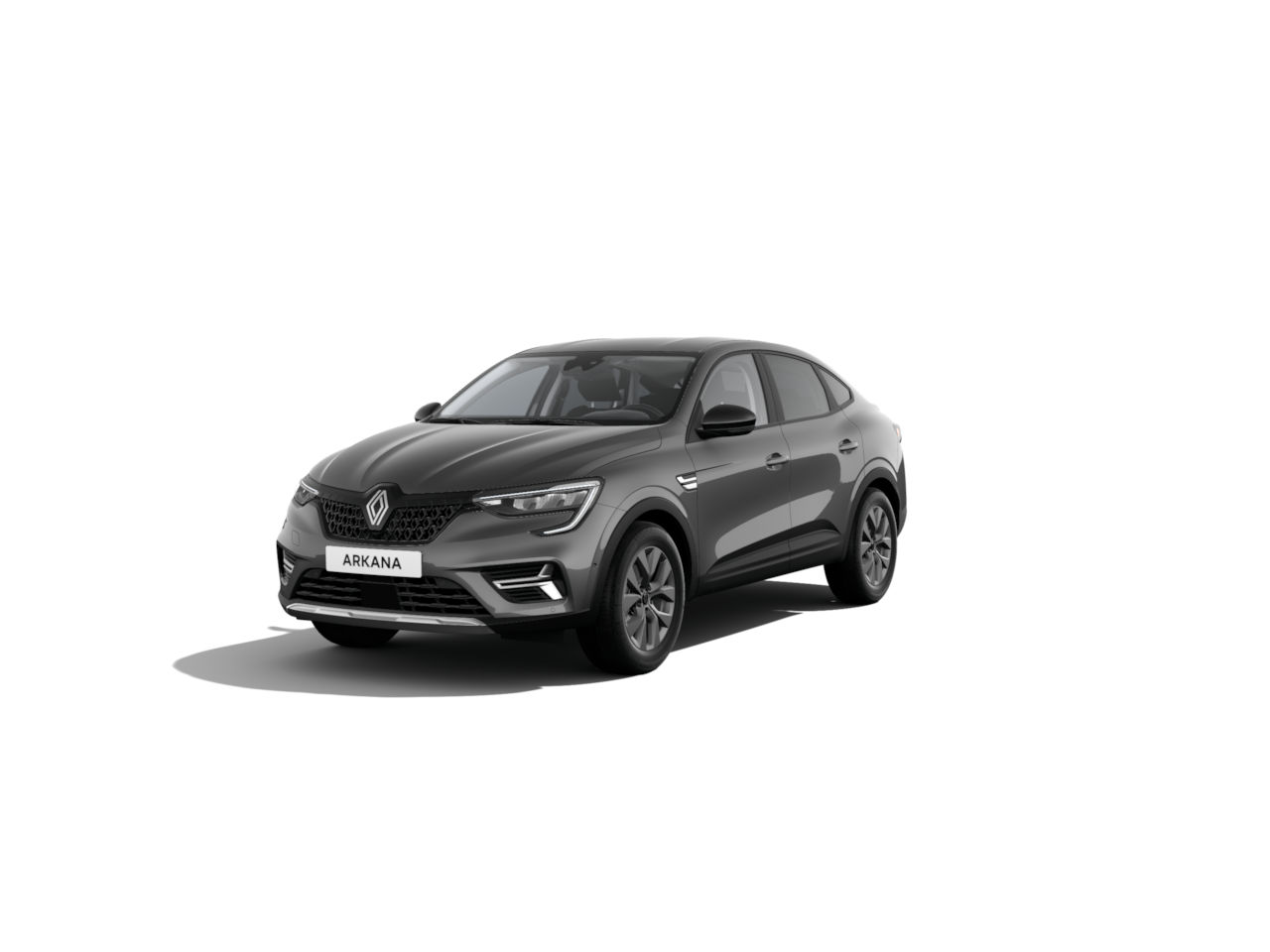 Schwarzer Renault Arkana SUV, Frontansicht, auf weißem Hintergrund, sportliches Design.