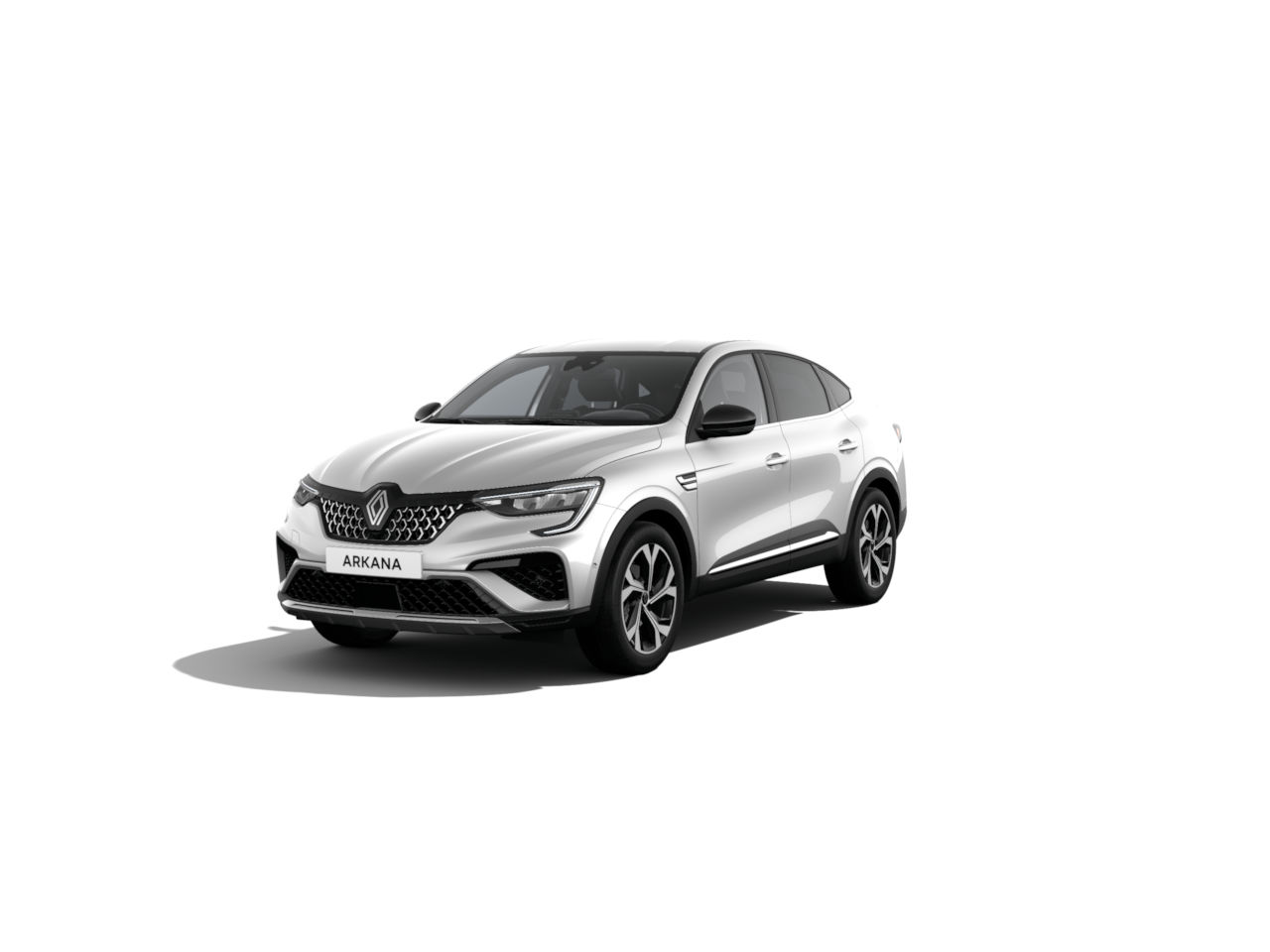 Weißer Renault Arkana SUV im Vordergrund, auf hellem Hintergrund, dynamisches Design.