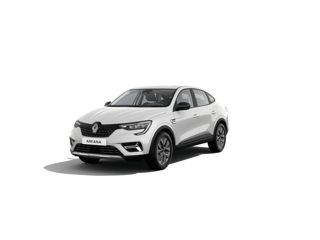 Renault Arkana in der Farbe Weiß, frontal linksseitig abgebildet, modern und sportlich gestaltet.
