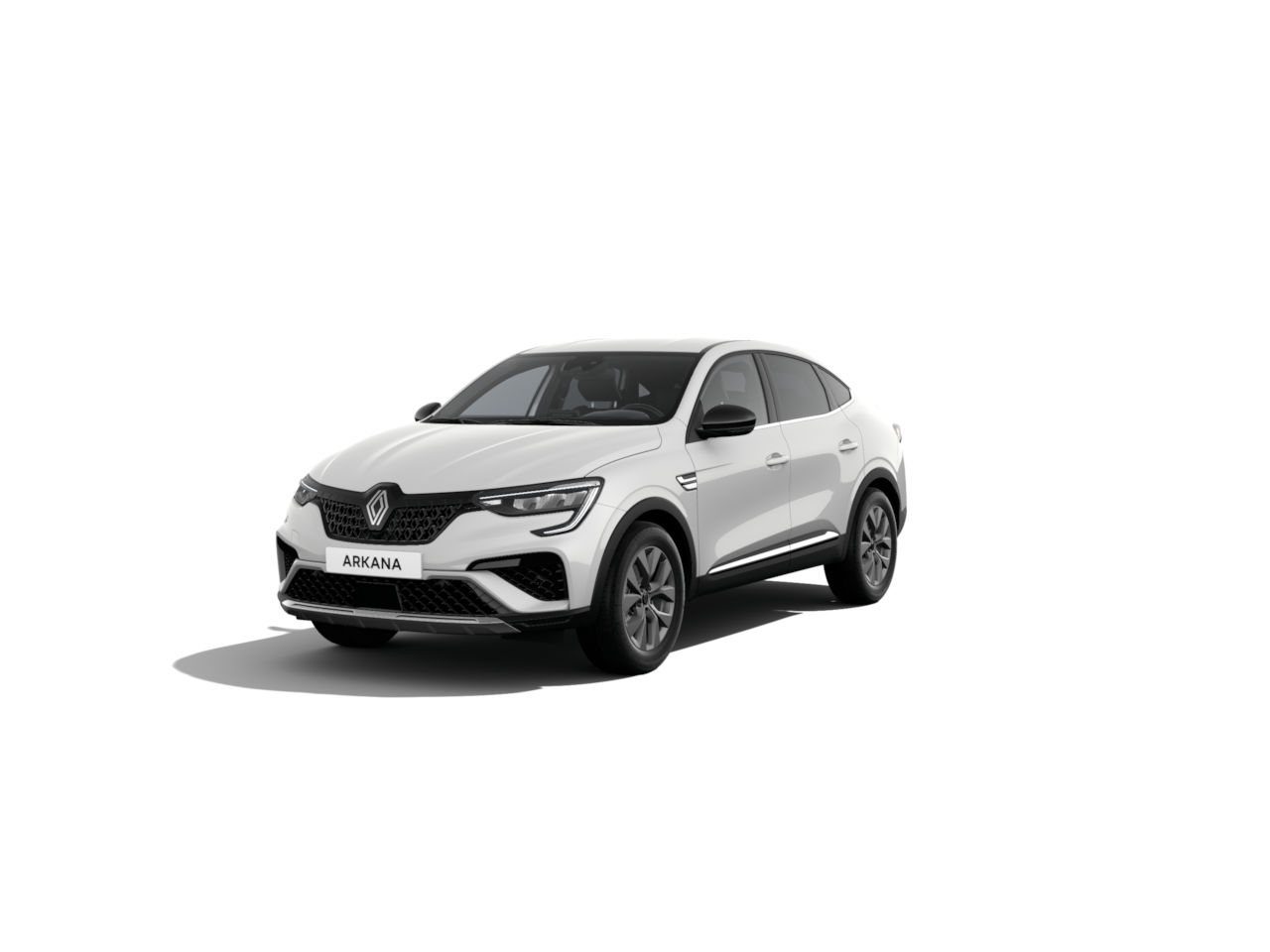 Weißer Renault Arkana SUV, seitlich zu sehen, moderner Stil, sportliche Linienführung.