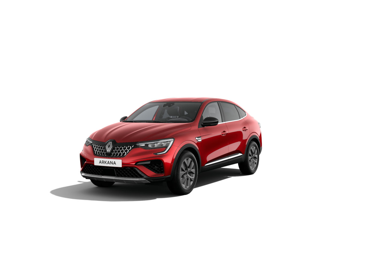 Ein roter Renault Arkana SUV steht frontal auf einem weißen Hintergrund.