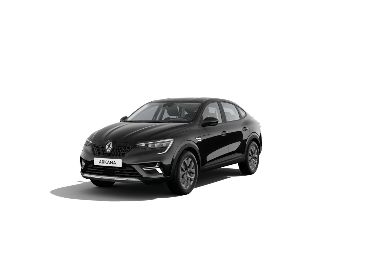 Schwarzes Renault Arkana Auto mit modernem Design vor weißem Hintergrund.