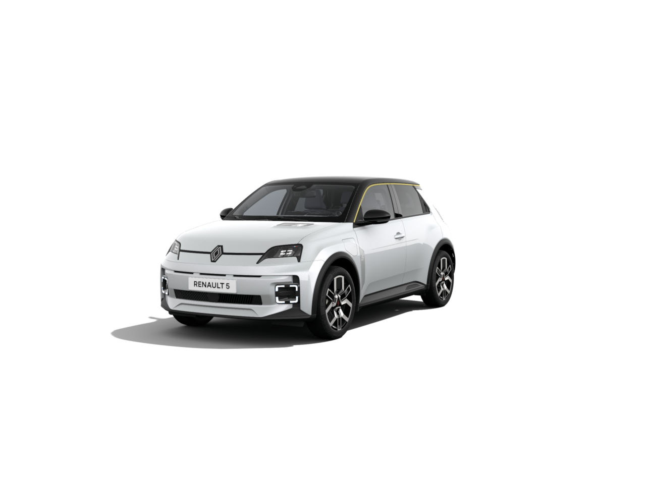 Weißer Renault 5 mit modernem Design, vorne links aus Sicht, mit sportlichen Felgen.