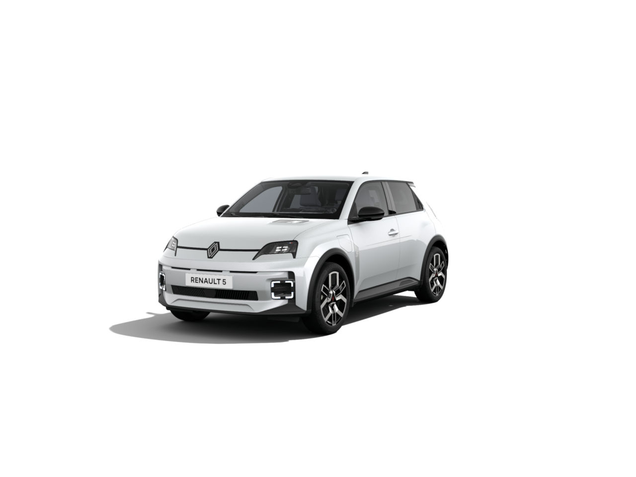 Ein weißer Renault 5, moderne Linienführung und sportliches Design, auf einem neutralen Hintergrund.