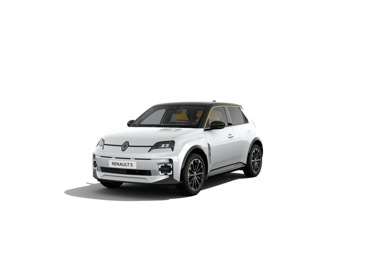 Weißer Renault 5 mit modernem Design, schwarz abgesetztem Dach und sportlichen Felgen, auf einfachem Hintergrund.