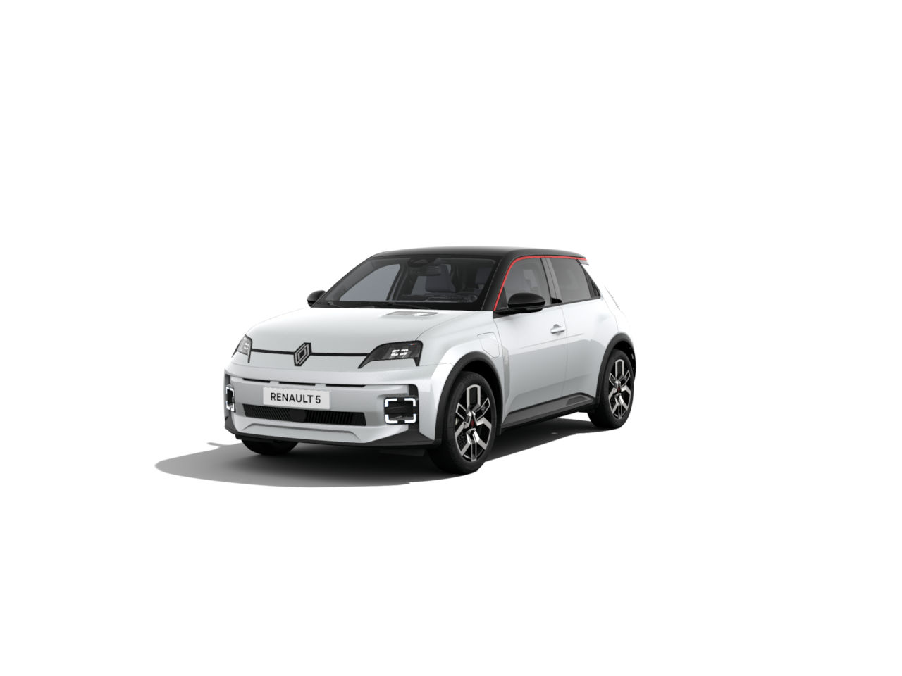 Ein moderner Renault 5 in Weiß mit roten Akzenten, steht auf einem weißen Hintergrund.