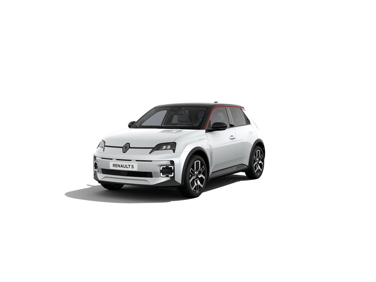 Renault 5 in Weiß mit rotem Dach, moderne Elektroautodesign, frontalansicht, leichte Kurven.