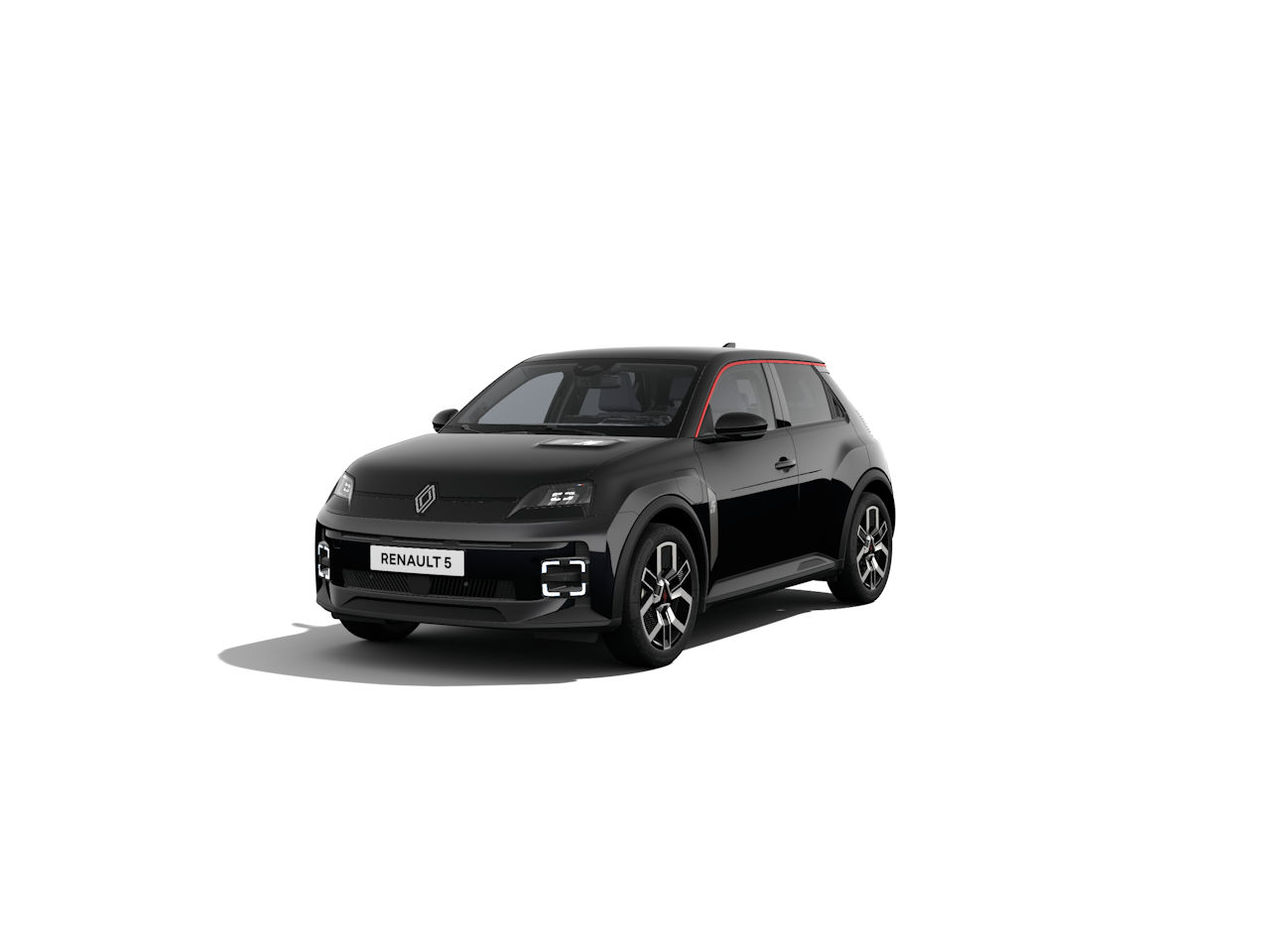 Renault 5 in glänzendem Schwarz mit roten Akzenten, steht auf einem weißen Hintergrund.